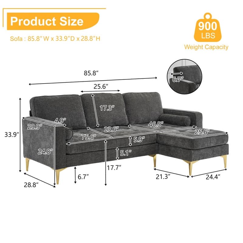 3-Seater Golden Tripod Legs Indoor Modular Sofa