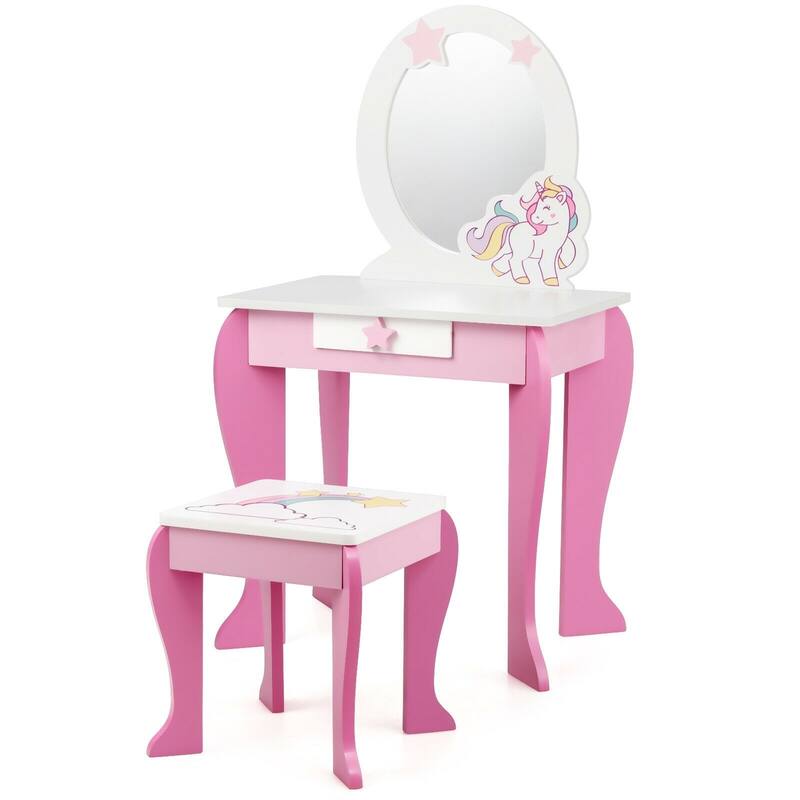 Kids Wooden Makeup Dressing Table and Chair Set with Mirror and Drawer - 19" x 14" x 35" (L x W x H)
