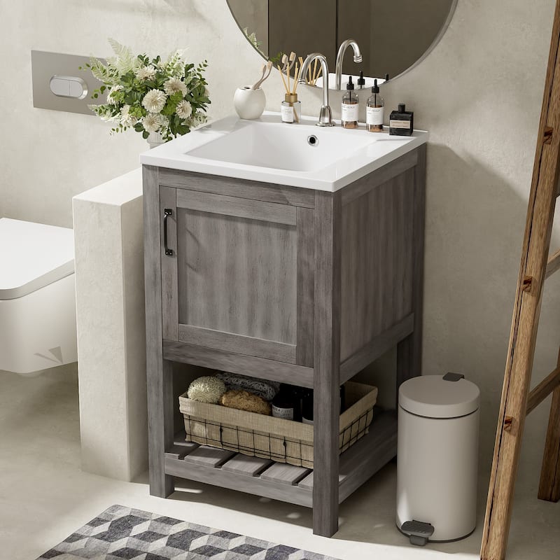 16" Compact Bathroom Vanity Sink Combo Featuring A Rectangular Ceramic Basin, Single Door Storage, And Open Shelf. - 16"