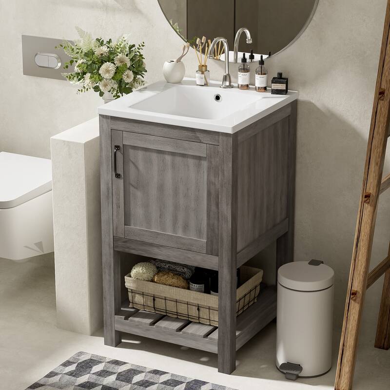 16" Compact Bathroom Vanity with Single Door Storage Cabinet, Open Hollow Out Shelf and Black Metal Handle for Small Space