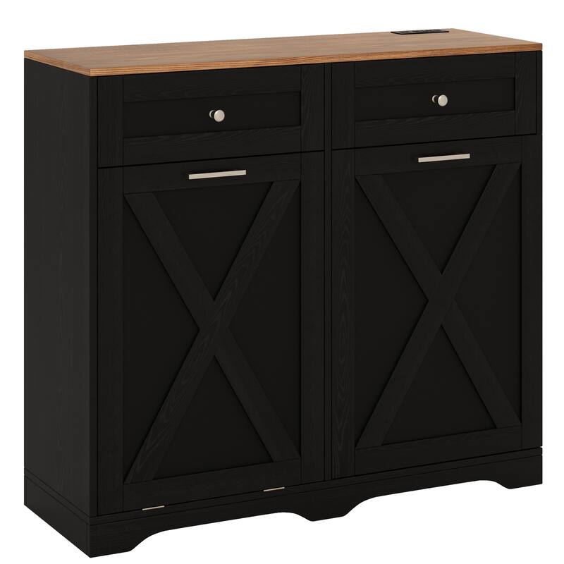 Gymax Tilt Out Trash Can Cabinet w/ Outlets 2 Drawers Adjustable Shelf
