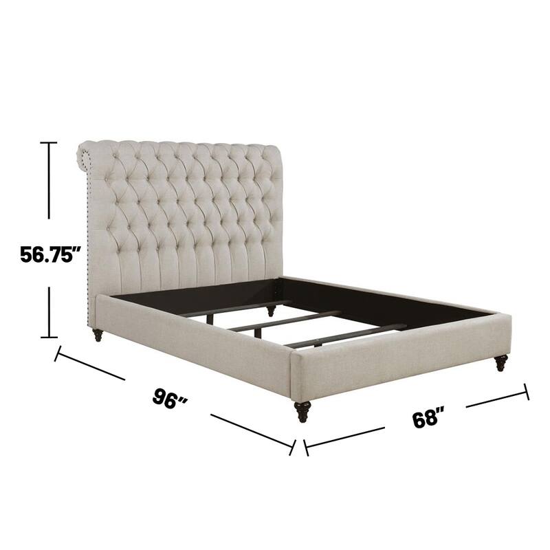 Button Tufted Fabric Upholstered Queen Size Bed, Beige
