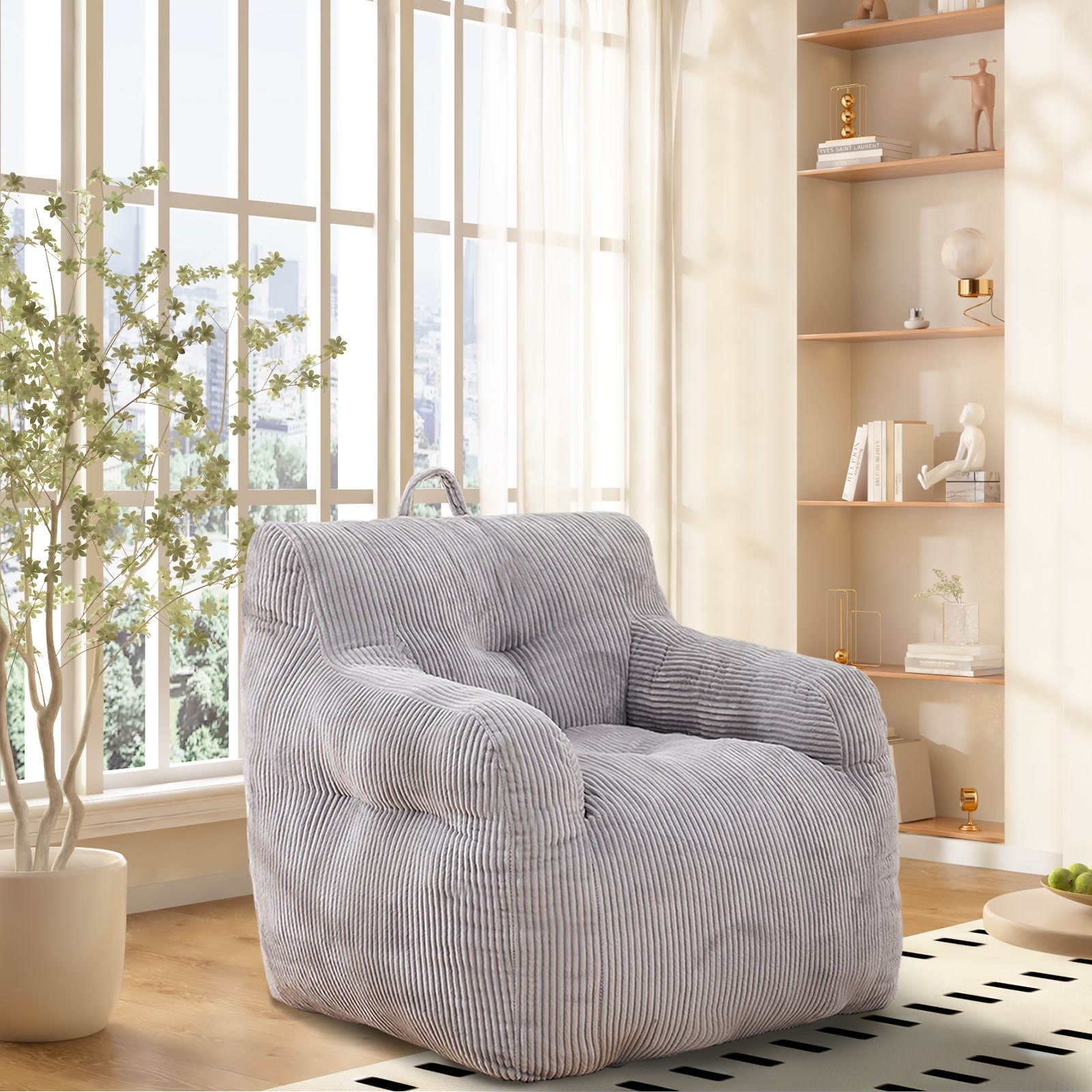Corduroy Faux Fur Deep Seat Bean Bag Chair, High Density Memory