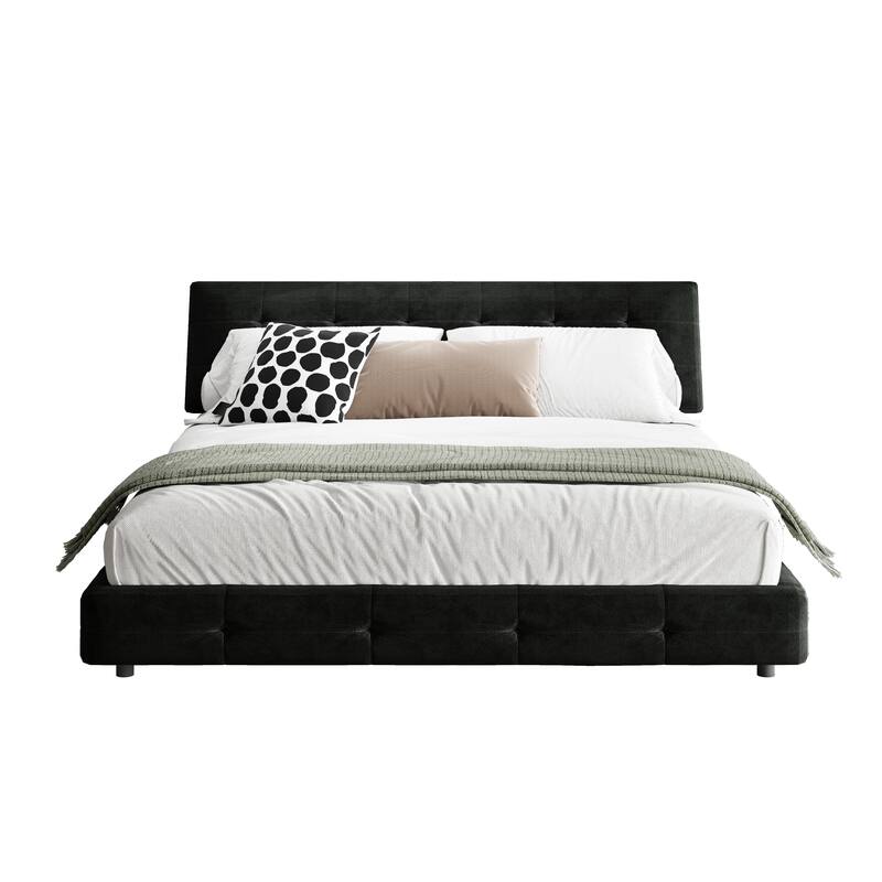 King Size Bed Frame w/ Extra-Large Ultra-Soft Cloud Pillow Design w/ Metal & Wooden Slats Double Support - Black