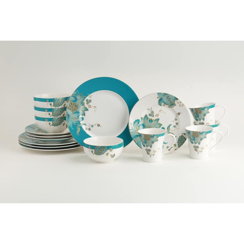 222 Fifth Eliza 16-Piece Porcelain Dinnerware Set, Teal