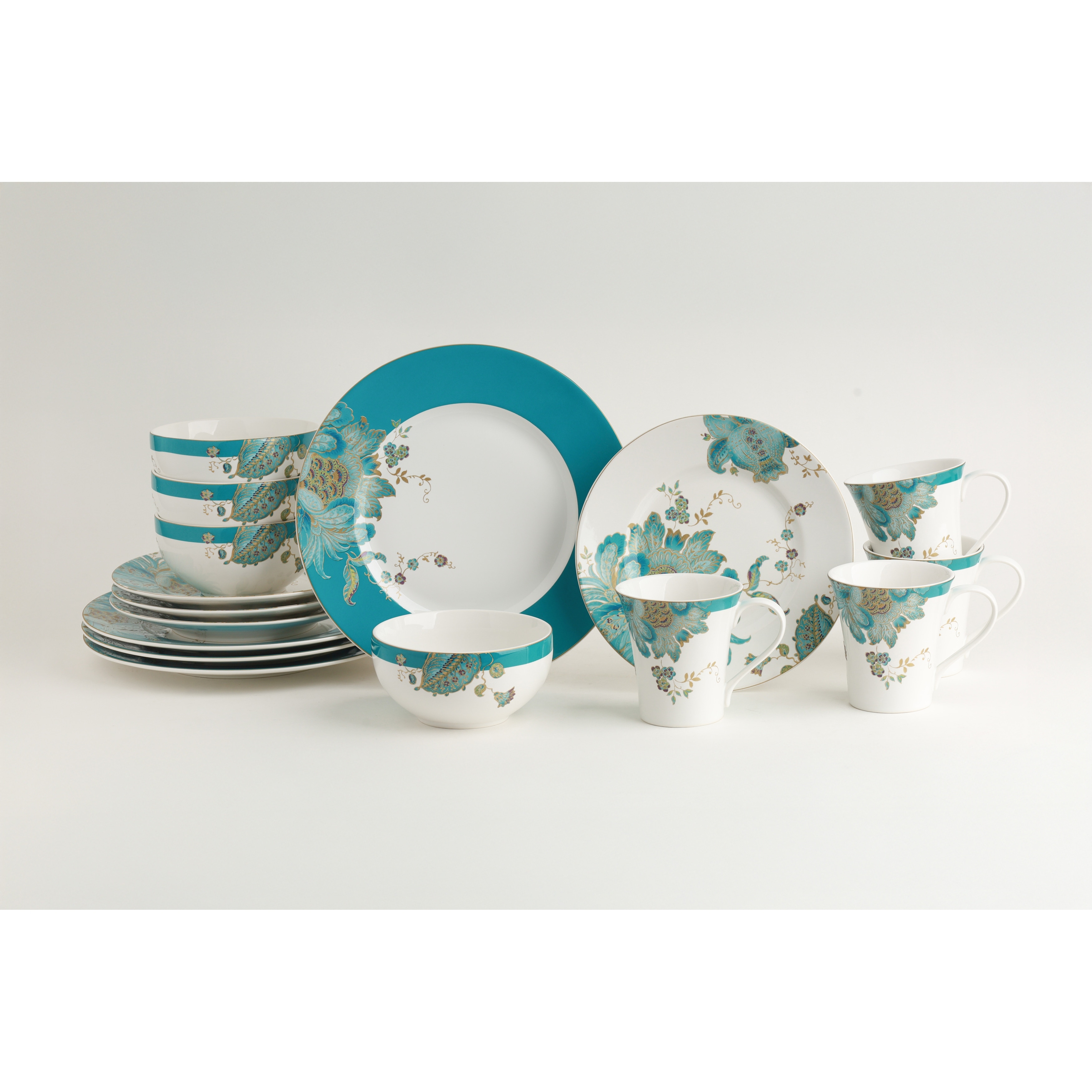 222 Fifth Eliza 16-Piece Porcelain Dinnerware Set, Teal - Bed Bath