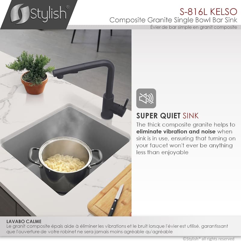 STYLISH 15.5 inches L x 17.5 inches W Dual Mount Single Bowl Composite Granite Kitchen Sink with Strainer - 15.5" x 17.5" x 8.5"