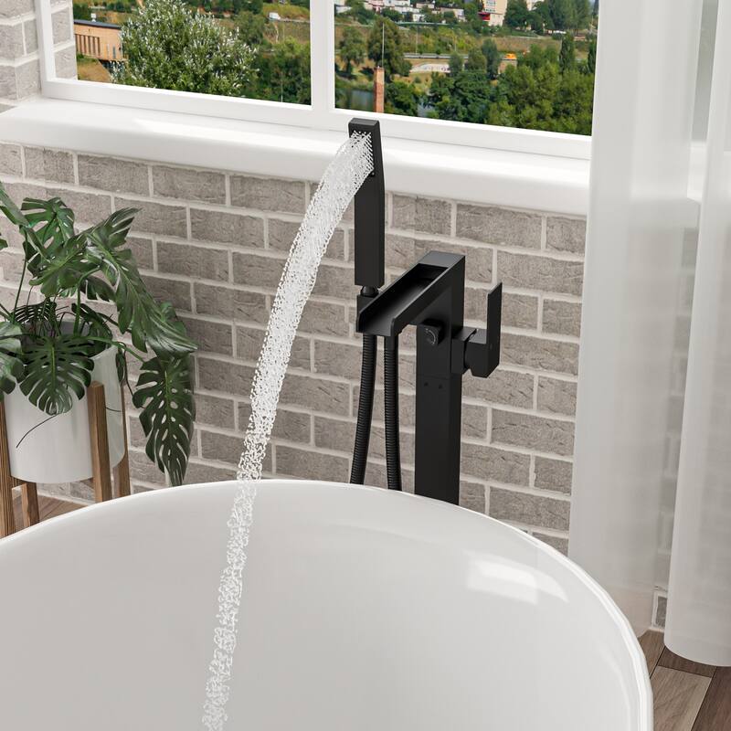 Freestanding Bathtub Faucet Waterfall Tub Filler Brushed Nickel Floor Mount Brass Bathroom Faucets with Hand Shower
