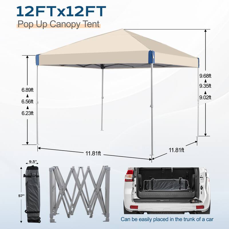 Aoodor 12'x12' Pop Up Canopy Tent with Roller Bag, Portable Instant Shade Canopy