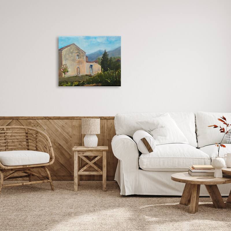 Stupell Traditional Vineyard Villa Landscape Tall Trees Mountain Range Canvas Wall Art - Green