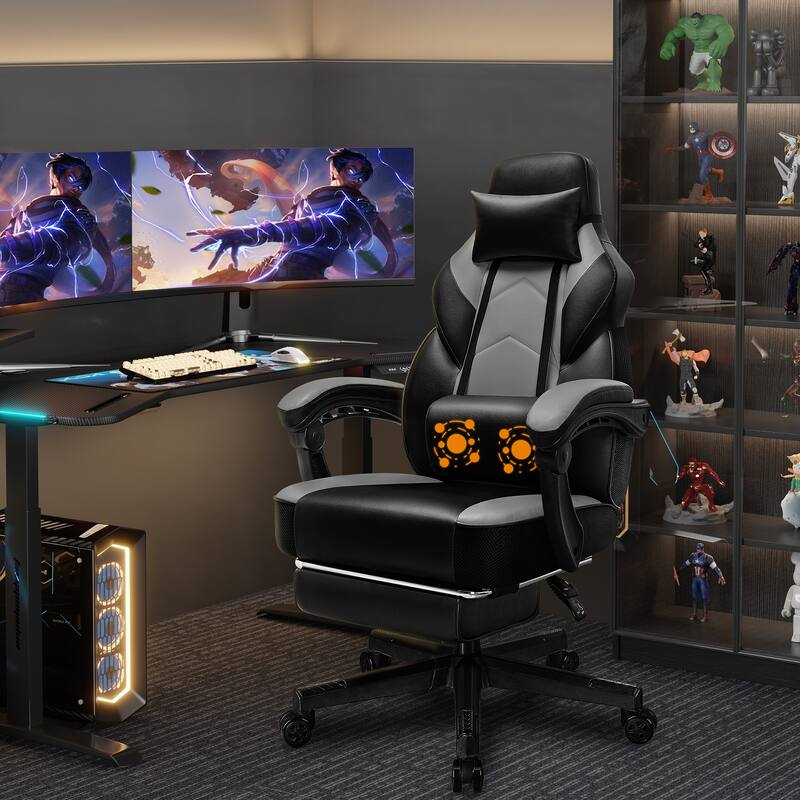 Adjustable Comfortable Game Chair Swiveling PC & Racing with Footrest - Grey