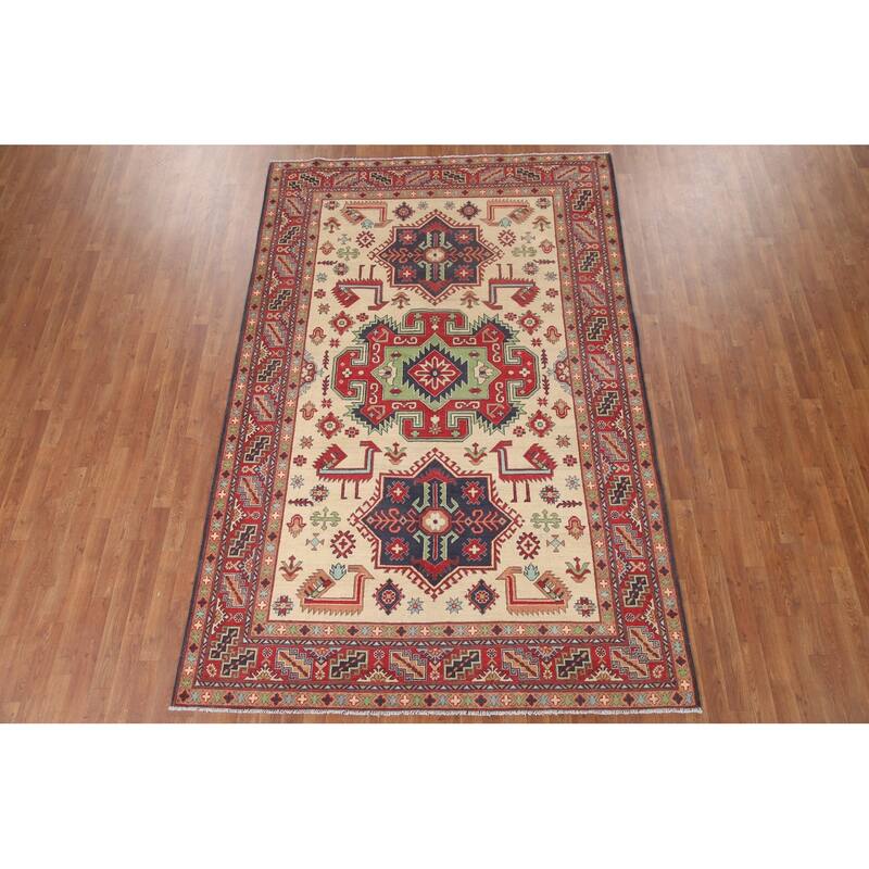 Hand Knotted Oriental 100% Wool Carpet Traditional Geometric Beige & Ivories Kazak Area Rug - 9' 10'' X 6' 5''