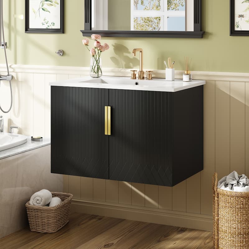 Wall Mounted Bathroom Vanity Floating Storage Cabinet with Ceramic Sink, Geometric Lines Dual Doors and Adjustable Shelf