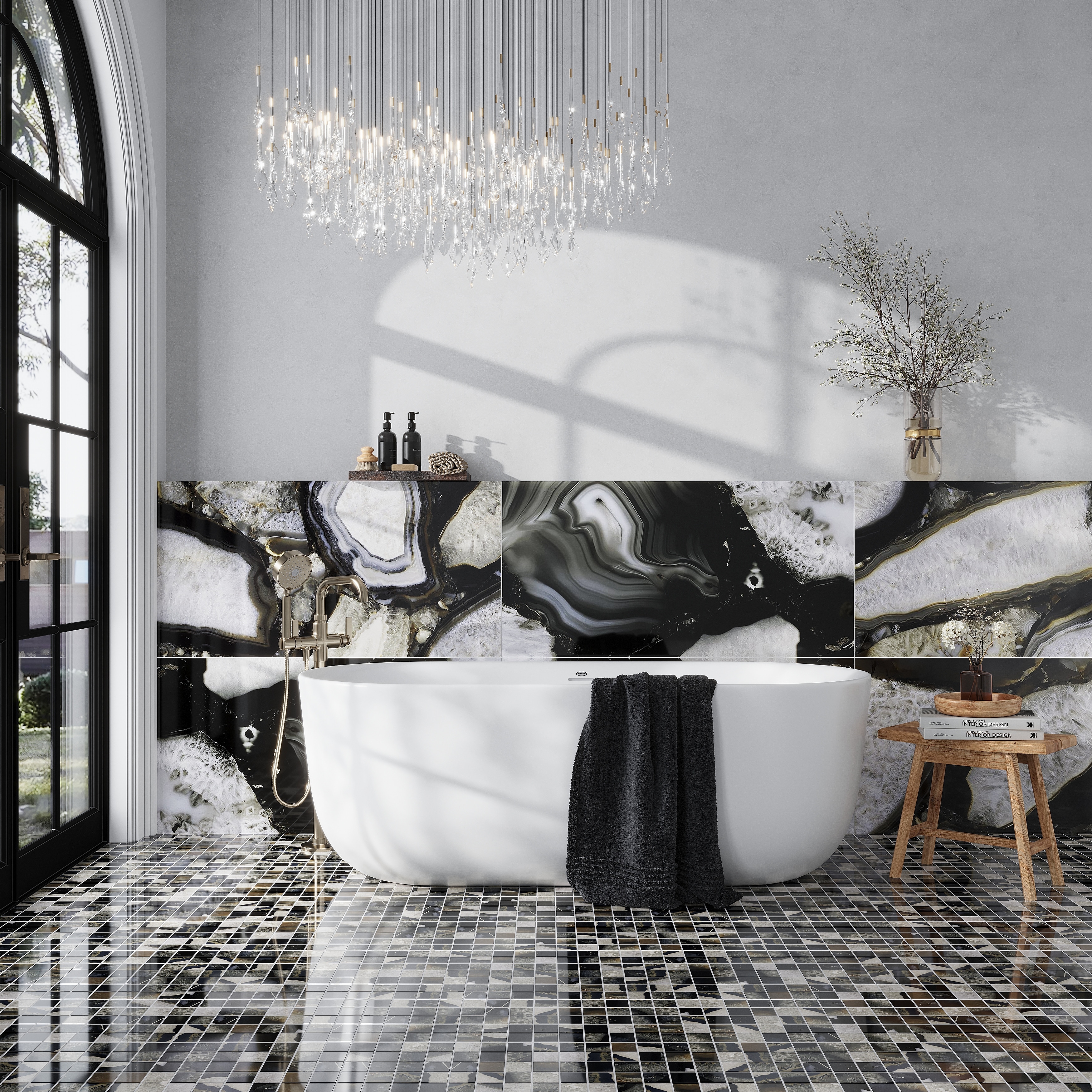 Splendor 12x12 Black Porcelain Mosaic Natural Agate Wall and Floor Tile (4.84 sq ft/case) - 5 Pack