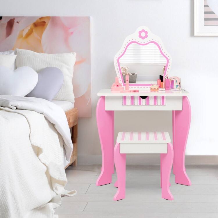 2-in-1 Toddler Vanity Set with Detachable Top & Cute Flower Patterns - N/A