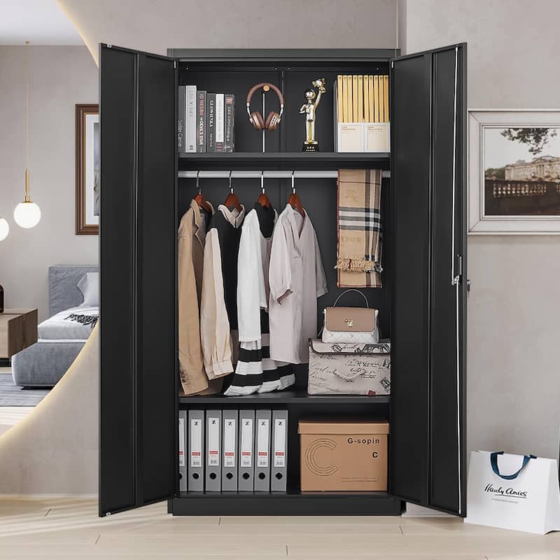 Metal Armoire, Wardrobe Cabinet with Hanging Rod and 1 Shelf Metal Storage Locker Clothes Organizer Closet - 70"H - Black