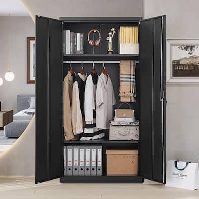 Metal Armoire, Wardrobe Cabinet with Hanging Rod and 1 Shelf Metal Storage Locker Clothes Organizer Closet - 70"H