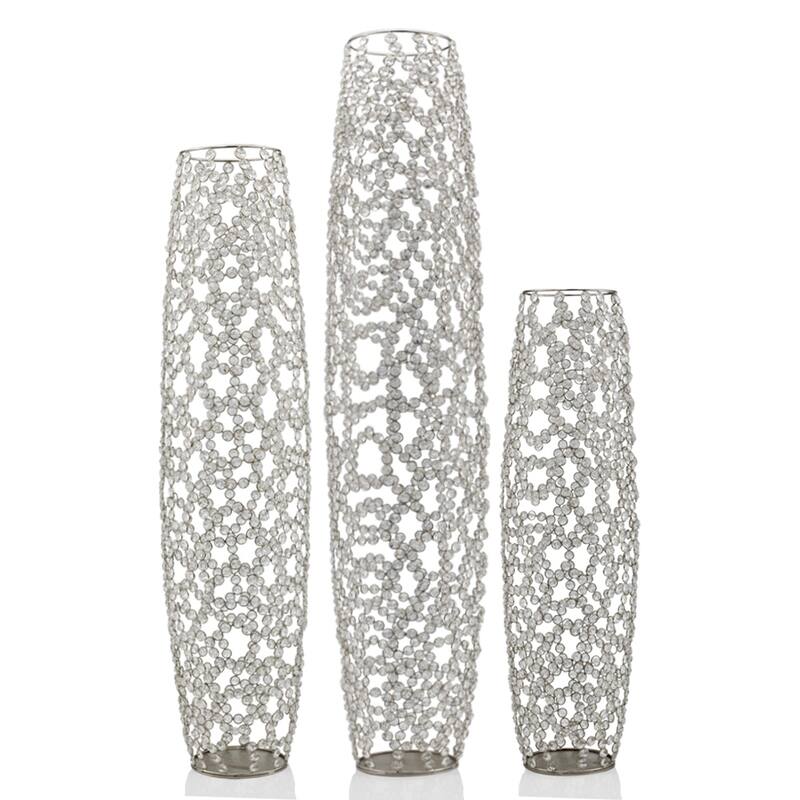 HomeRoots 40" Silver Oval Crystal Glass Floor Vase With Faux Crystals