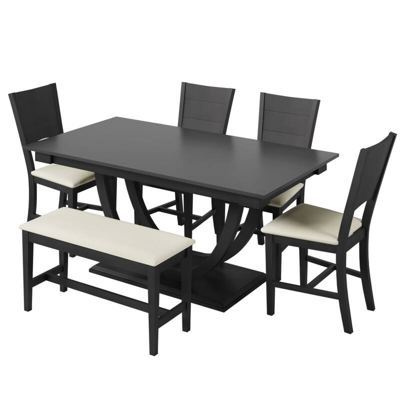 6 Piece Dining Table Set for 6 Wood Rectangular Kitchen Table Set with Half Round Legs Modern Dining Table with Bench and Chairs