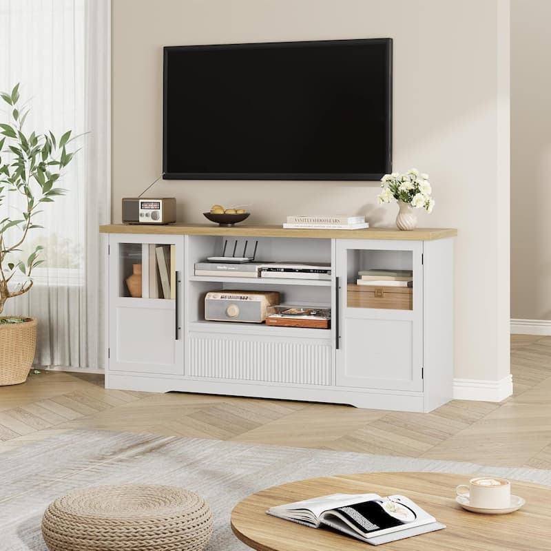 Retro TV Stand for 75 Inch TV Media Console with 2 Glass Cabinets & Open Shelves - N/A