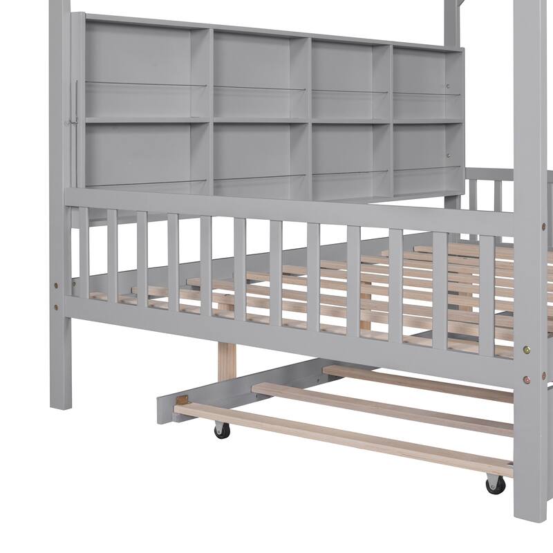 Pine Kids House Platform Bed with Trundle, Shelf, and Roof