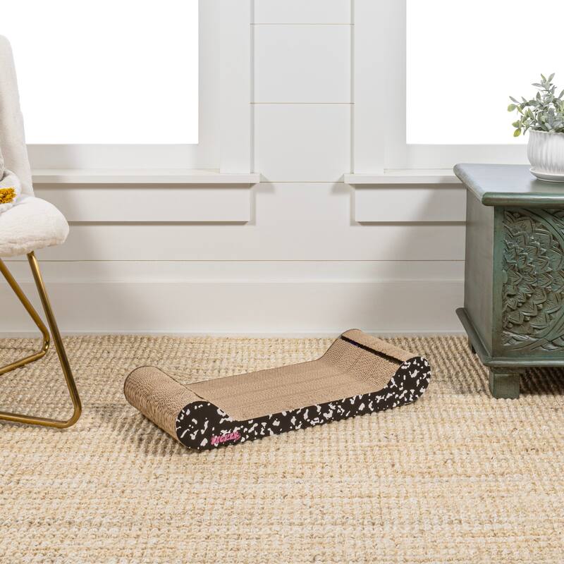 Rini 23.75" Modern Cardboard Lounge Bed Cat Scratcher with Built-In Bell Toys and Catnip, Black/White