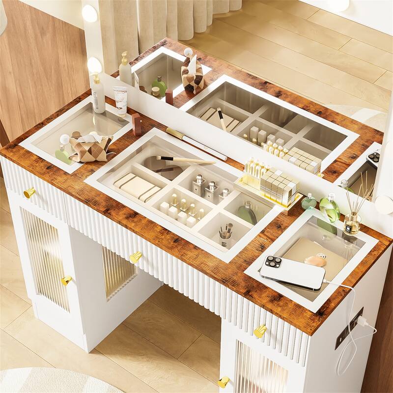43.3" Makeup Vanity with Mirror,Glass Top,Drawers and Power Outlet