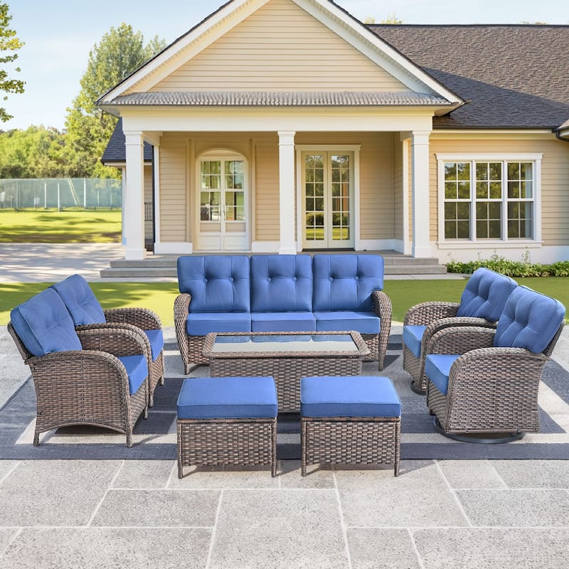 8 Pieces Pocassy Sofa Chairs Ottoman with Swivel Chairs - Brown Wicker & Grey Cushion