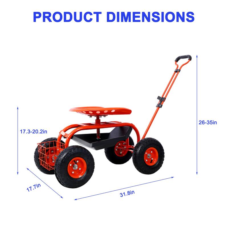 Adjustable Garden Cart with Swivel Seat, Large 10-Inch Wheels, Storage Tray and Basket, Easy Maneuvering - Iron