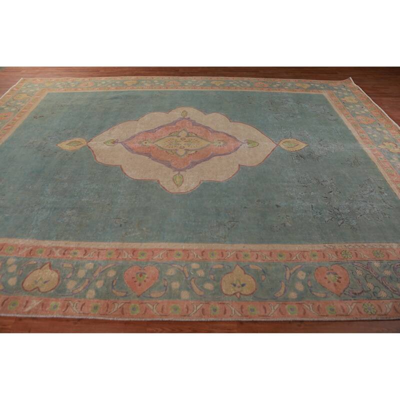 Blue Tabriz Persian Vintage Rug Oriental Handmade Wool Carpet - 9'8" x 12'9"