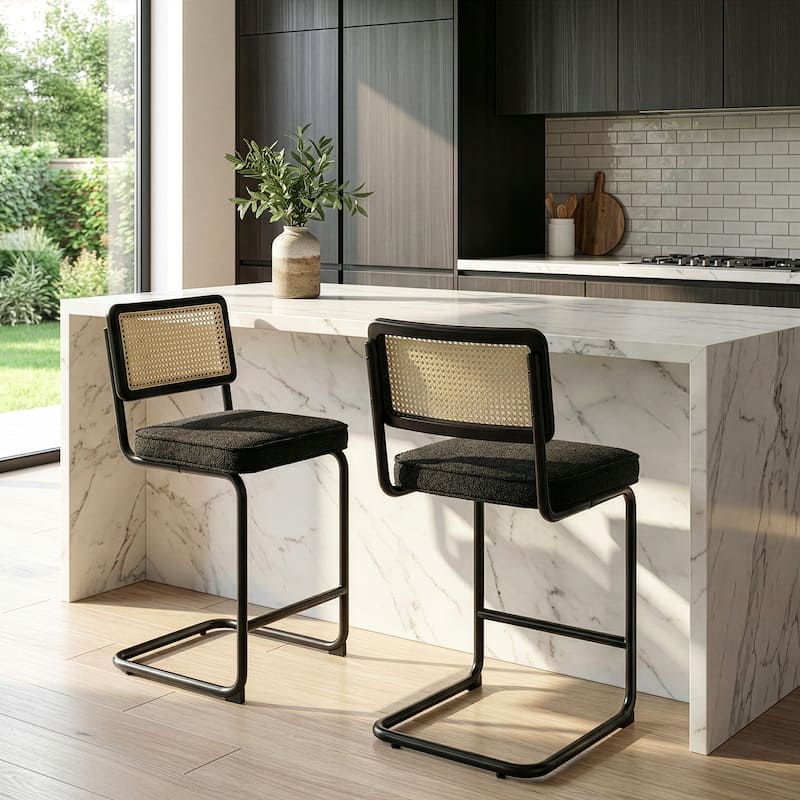 Set of 2 Ayers Black Fabric Counter Stool with Rattan Backrest and Black Steel Legs