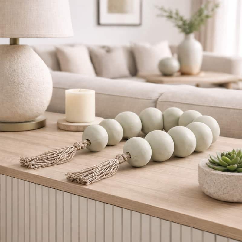 Decorative Beaded Garland with Tassels Ends - 44", Green & Brown