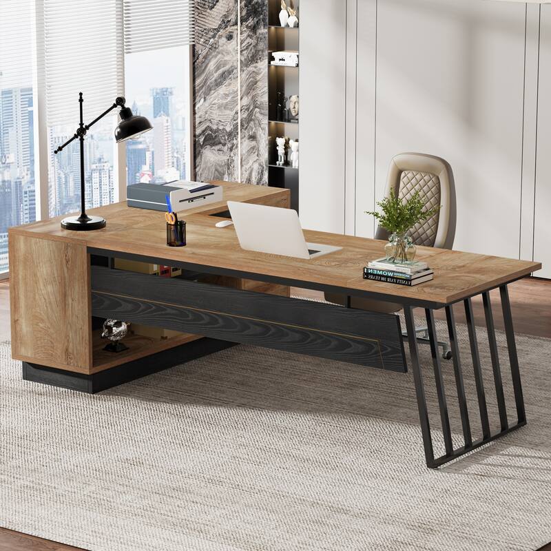 71-Inch Executive Desk, L-Shaped Desk with Cabinet