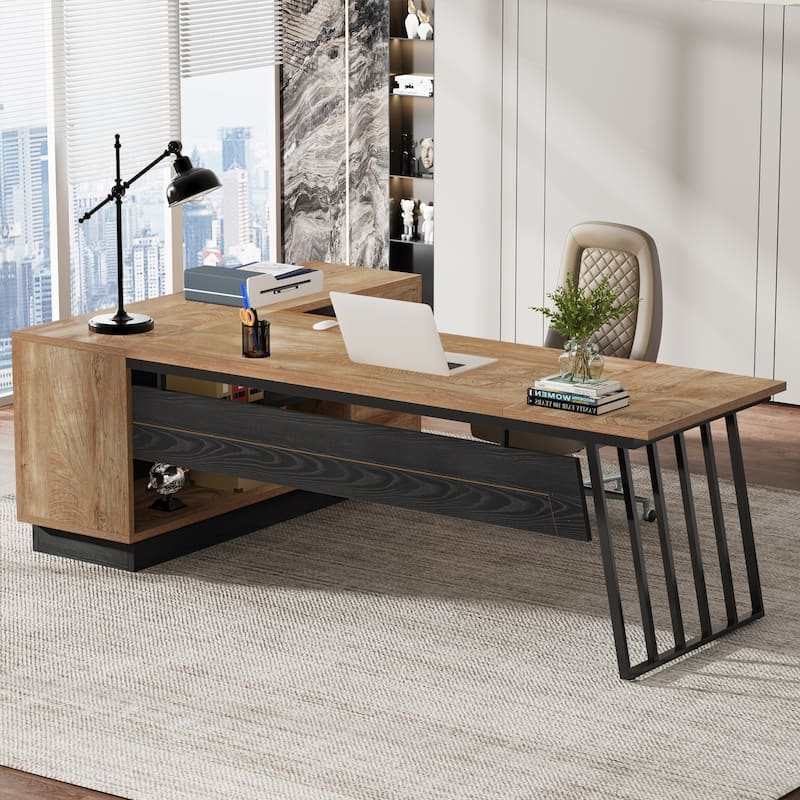 71 Inch Modern Executive Desk, L-Shaped Desk with Cabinet,Brown and White