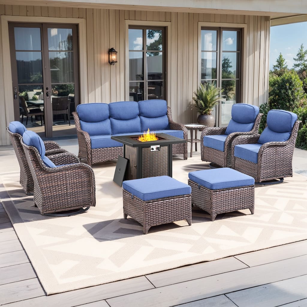 Pocassy 8/9PCS Patio Sofa Swivel Chair with 30" Fire Pit Tab;e