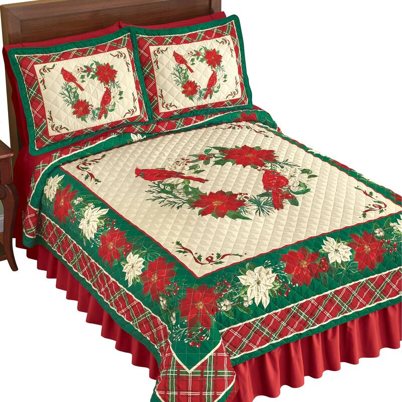 Festive Cardinal Poinsettia Wreath Holiday Quilt