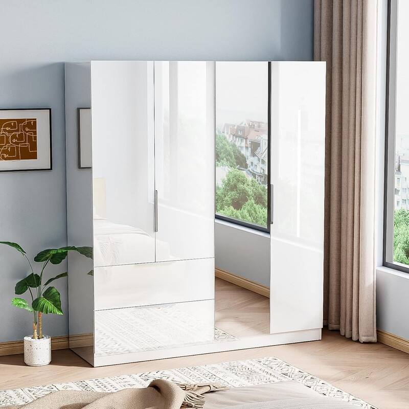 Armoire 4 Doors 2 Drawers with Full-length Mirror Door with High Gloss Paint