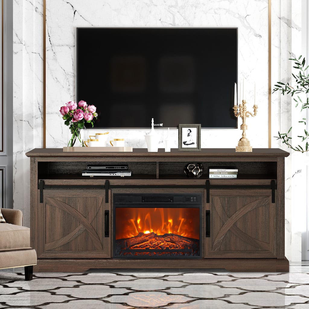 68" Farmhouse Dark Brown Electric Fireplace TV Stands Console for TV's up to 78" with Remote