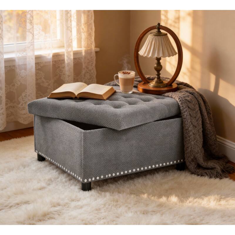 Storage Ottoman,Tufted Footstool, Nailhead Trim Ottoman, Square Storage Ottoman, Upholstered Coffee Table, Bedroom Storage
