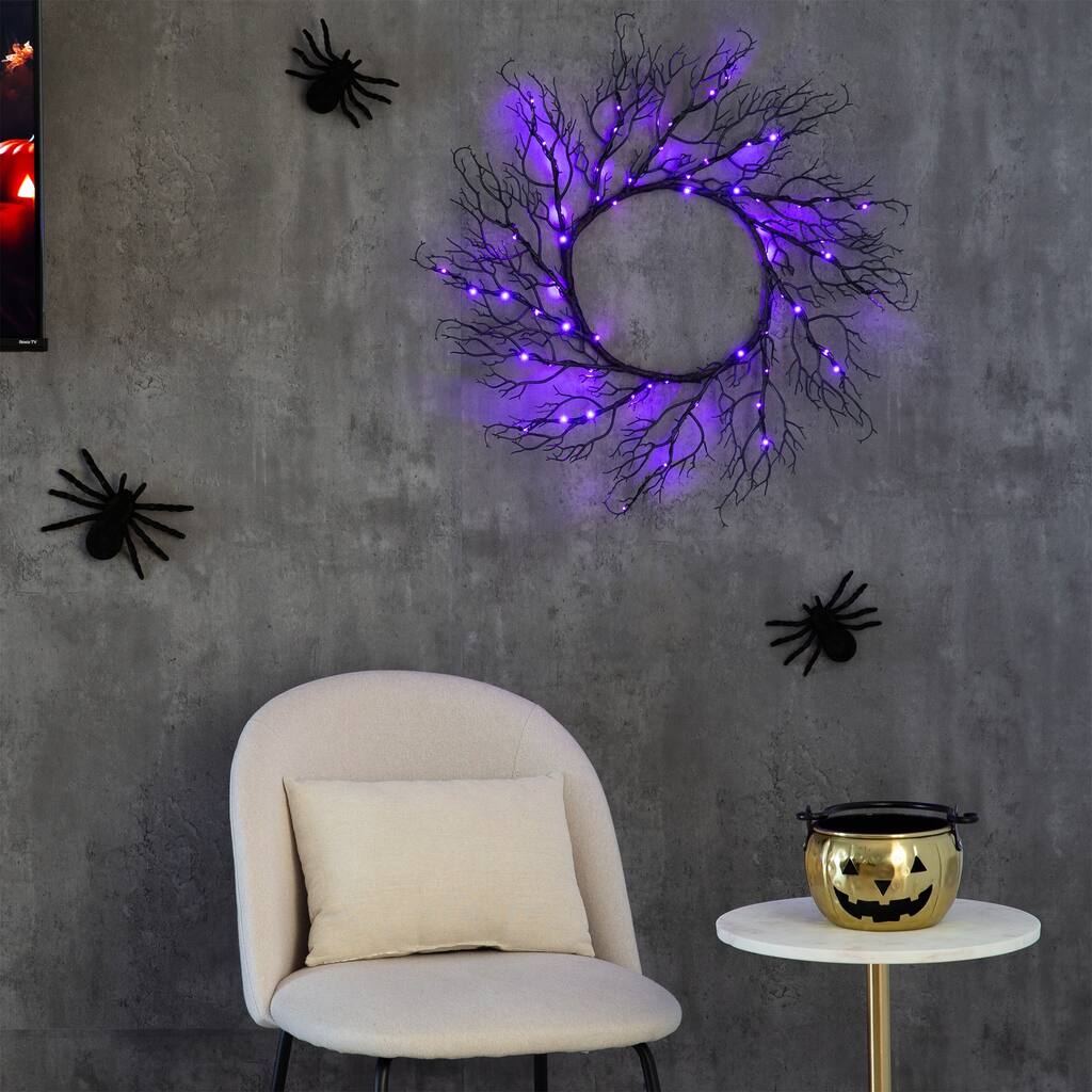 Pre-Lit Black Artificial Halloween Wreath - 23" - Dual Color LED Lights