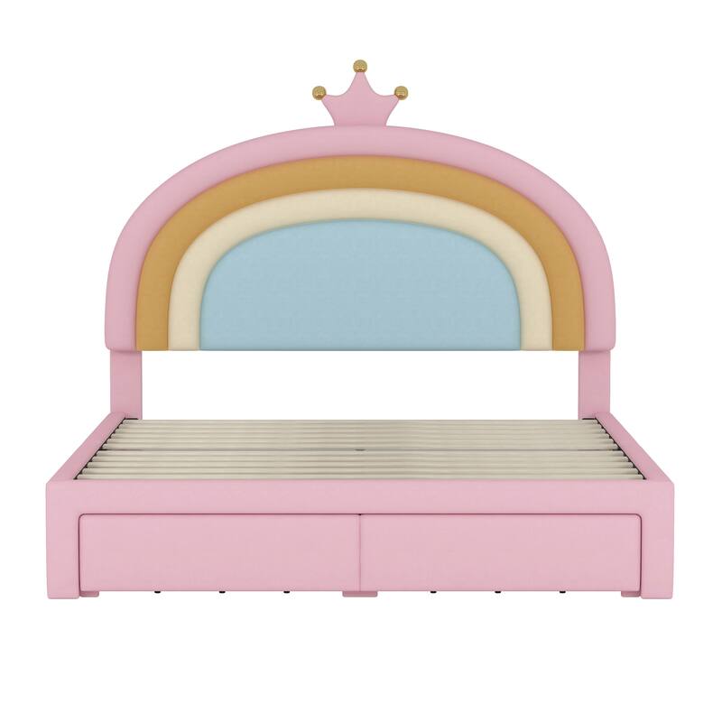 Twin/Full Size Upholstered Rainbow Design Bed, Velvet Princess Platform Bed with Storage Drawer