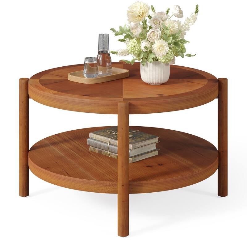 31.5" Solid Wood Round Coffee Table with Storage Shelf