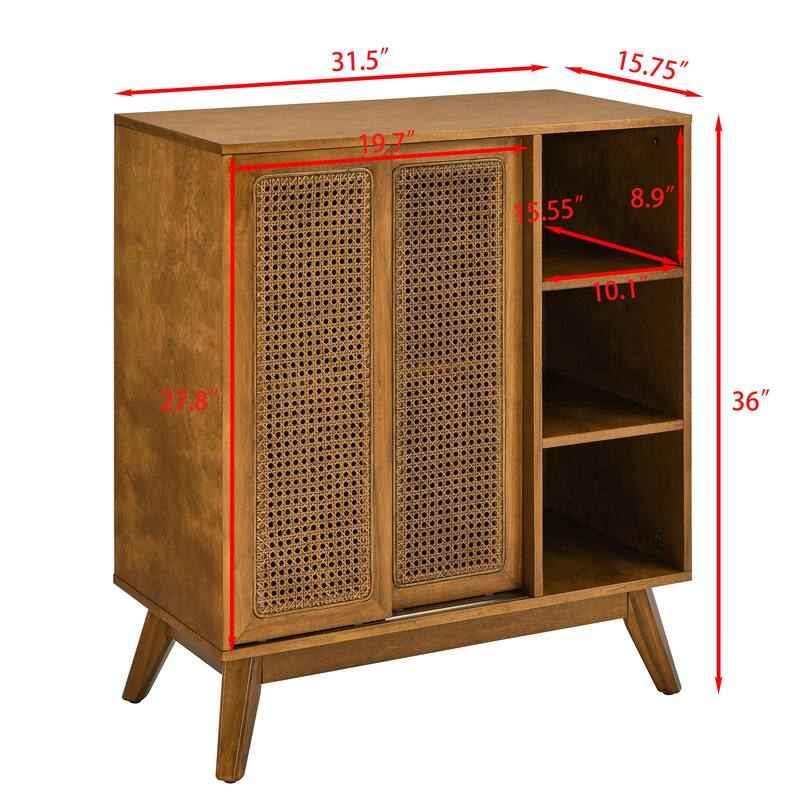 Mid-Century Rattan Sideboard with Adjustable Shelves & Solid Wood Legs (Light Wood)