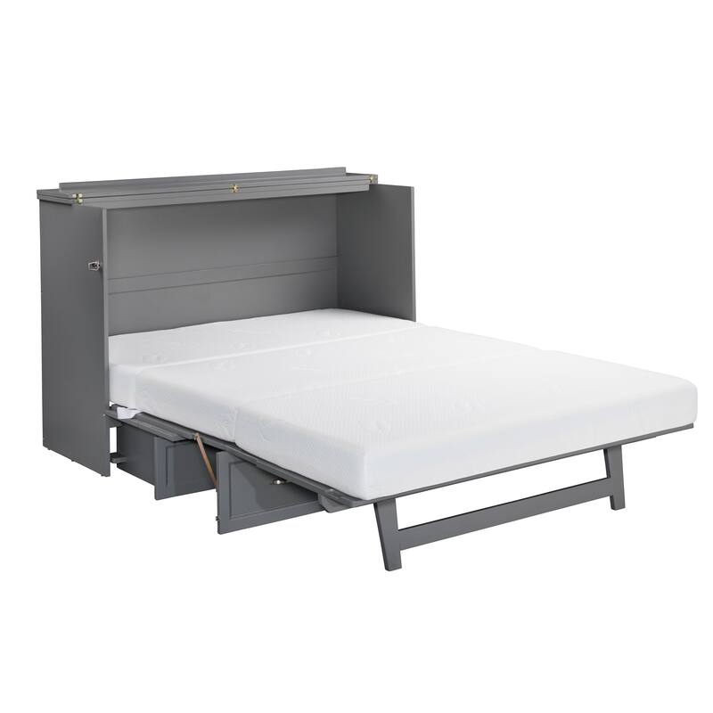 Deerfield Queen Murphy Bed Chest with 6" Mattress, Storage Drawer & Built-In Charger in Grey