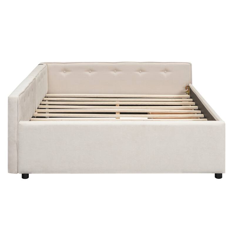 Full/Queen Size Upholstered Daybed with 2 Storage Drawers and USB Ports, Floor Daybed Frame Sofa Bed with L-Shaped Headboard