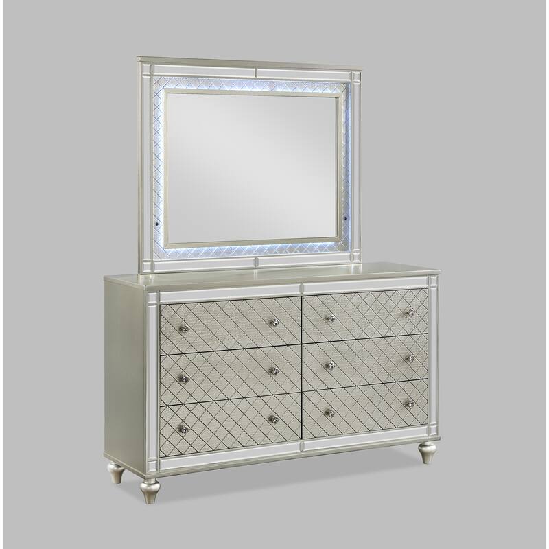 Madie Champagne LED Faux Leather Upholstered Panel Bed