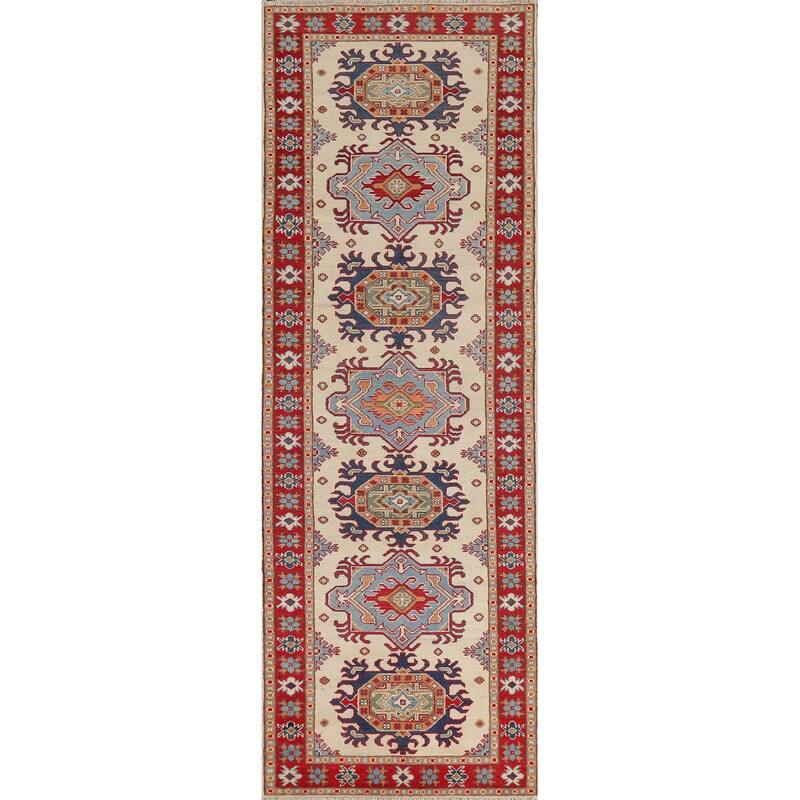 Geometric Kazak Oriental Runner Rug Handmade Foyer Wool Carpet - 2'8" x 9'7"