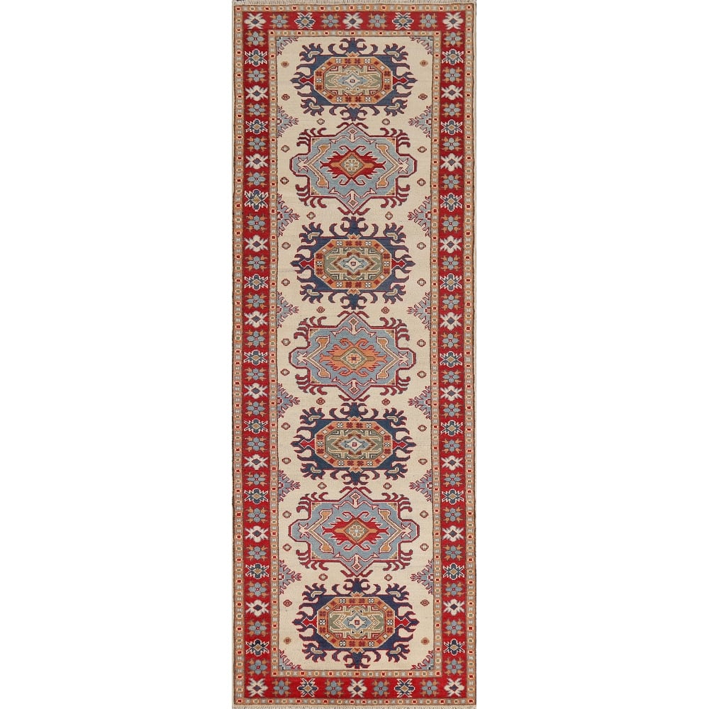 Geometric Kazak Oriental Runner Rug Handmade Foyer Wool Carpet - 2'8" x 9'7"
