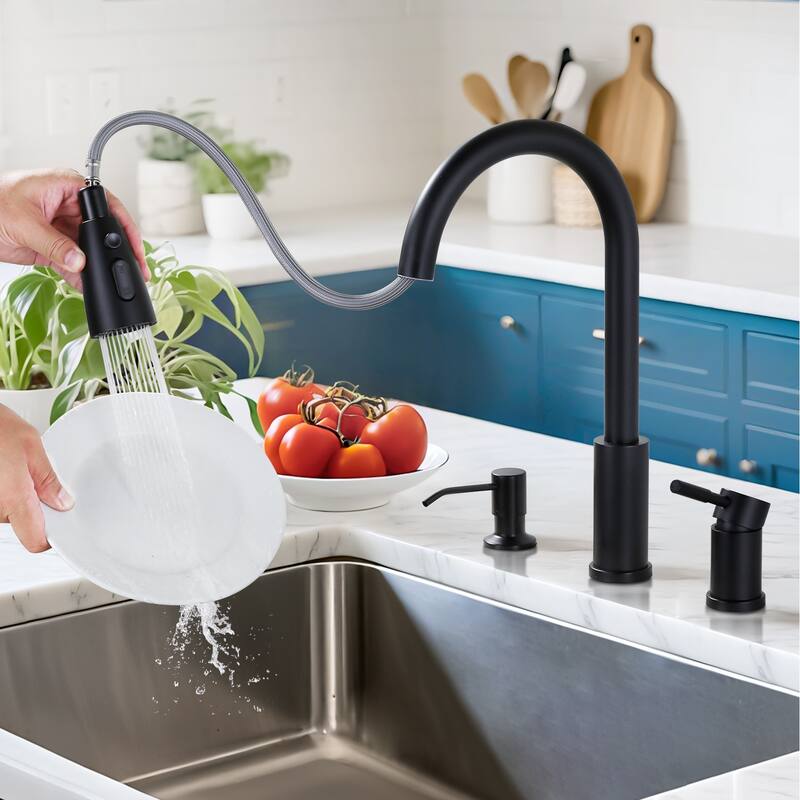 WOWOW Single Handle Pull Down Kitchen Faucet with Soap Dispenser