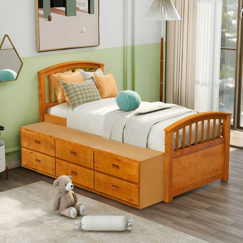 Twin Bed with Storage, Twin Size Daybed with 6 Drawers, Wood Storage Bed Frame, Twin Size Platform Bedframe, Solid Wood Bedframe